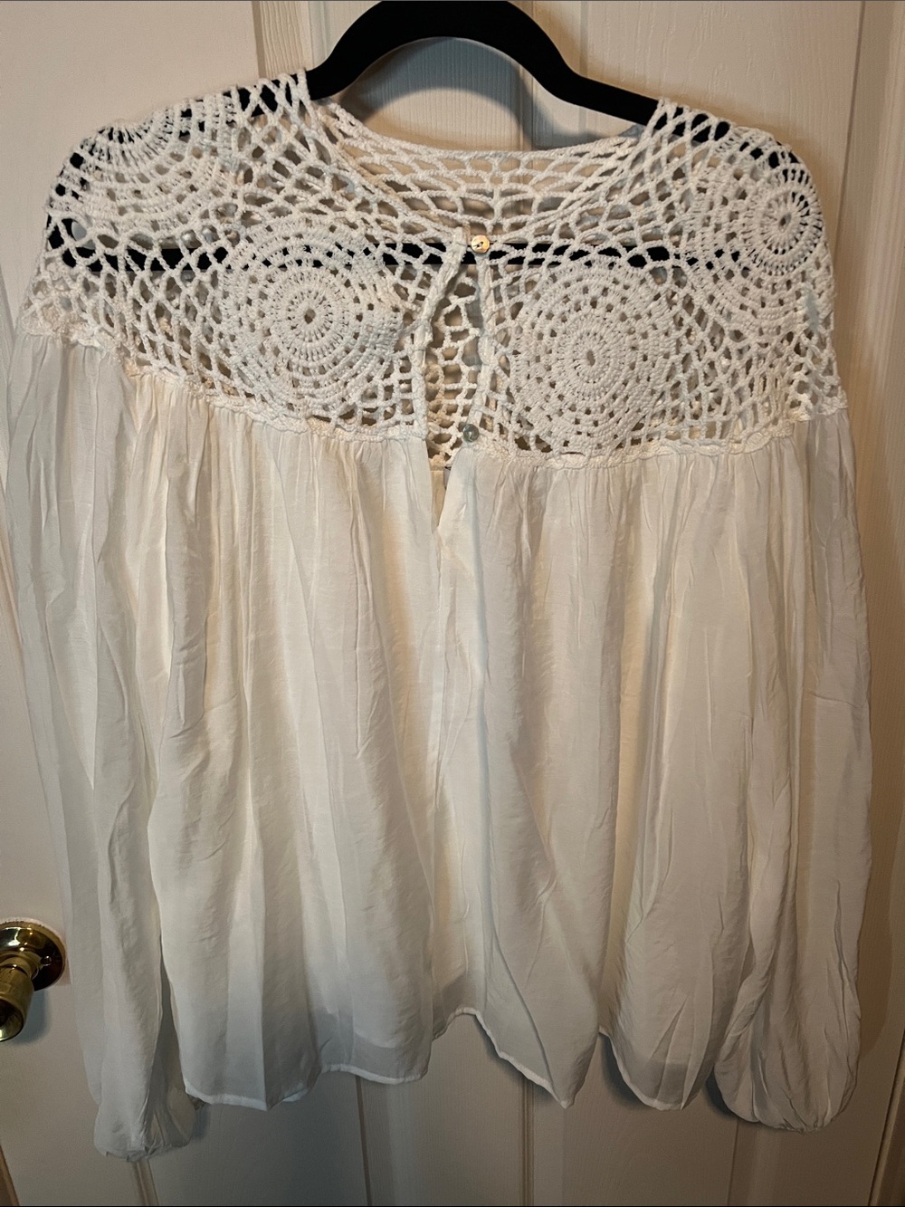 Mango Cream Crochet Yoke Peasant Blouse